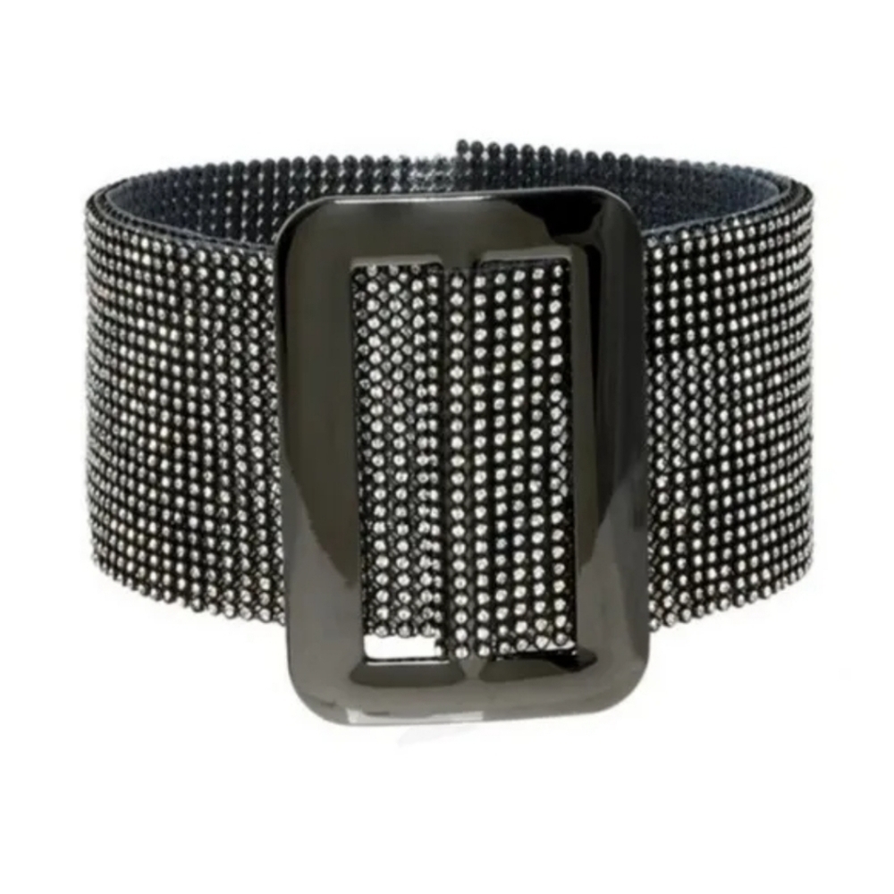 Full Rhinestone Crystal‎ Mesh Pave Wide Belt Black & Silver Adjustable Women's